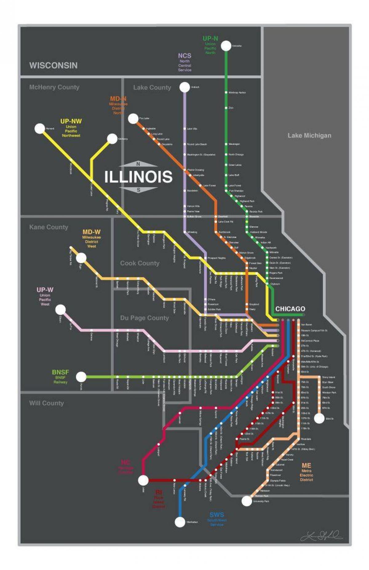 metra trem mapa de Chicago