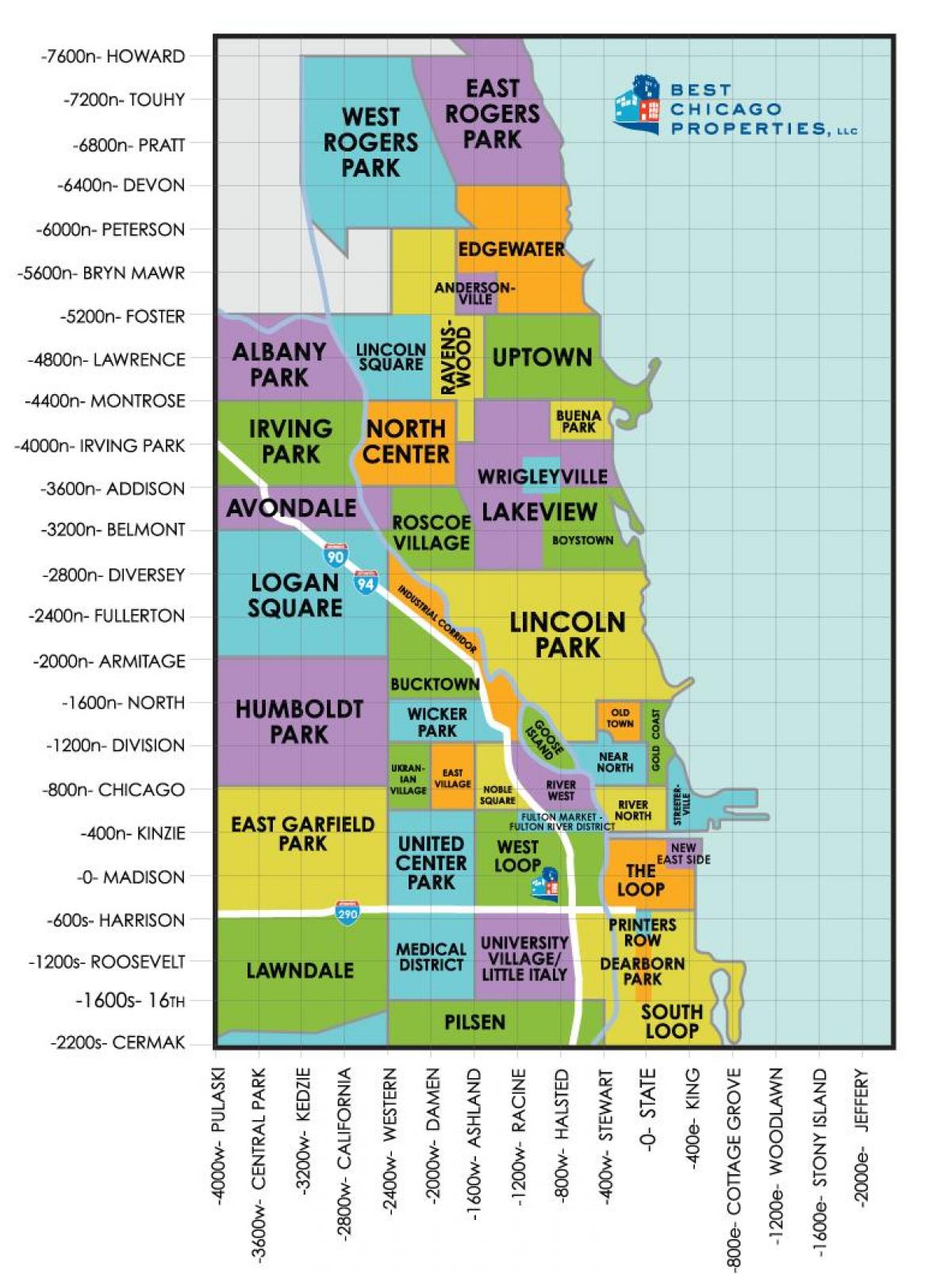 Mapa de bairros de Chicago Bairros no mapa de Chicago (Estados Unidos